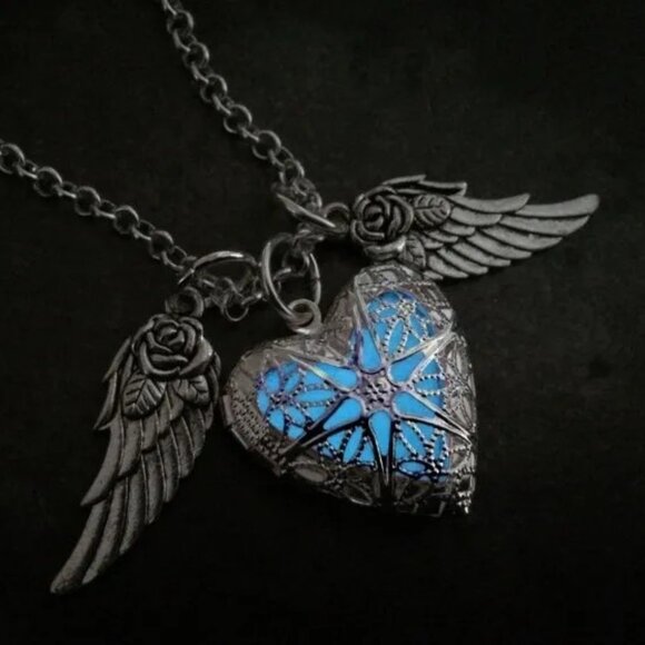 Glow in the Dark Gothic Heart Locket Necklace with Angel Wings – Vintage Jewelry - Picture 1 of 8